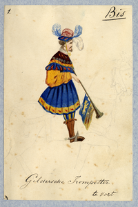 32706 Afbeelding van een kostuumontwerp van een Gelderse trompetter te paard, figurant in de maskerade van de studenten ...